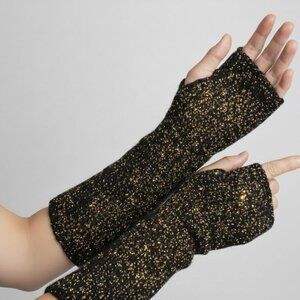 Black Gold Metallic Glitter Knitted Fingerless Gloves Armwarmer